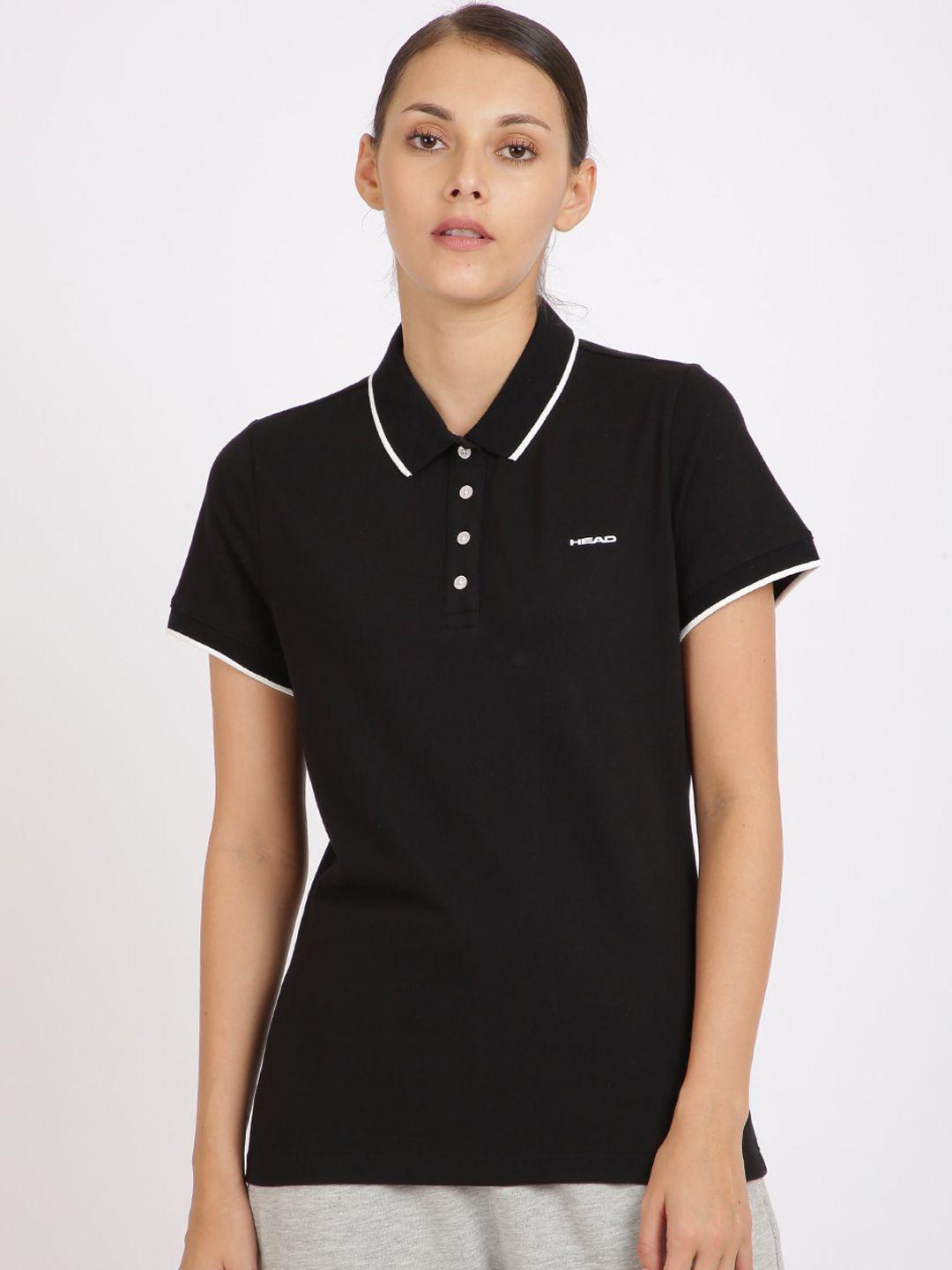 head women black solid polo collar t-shirt