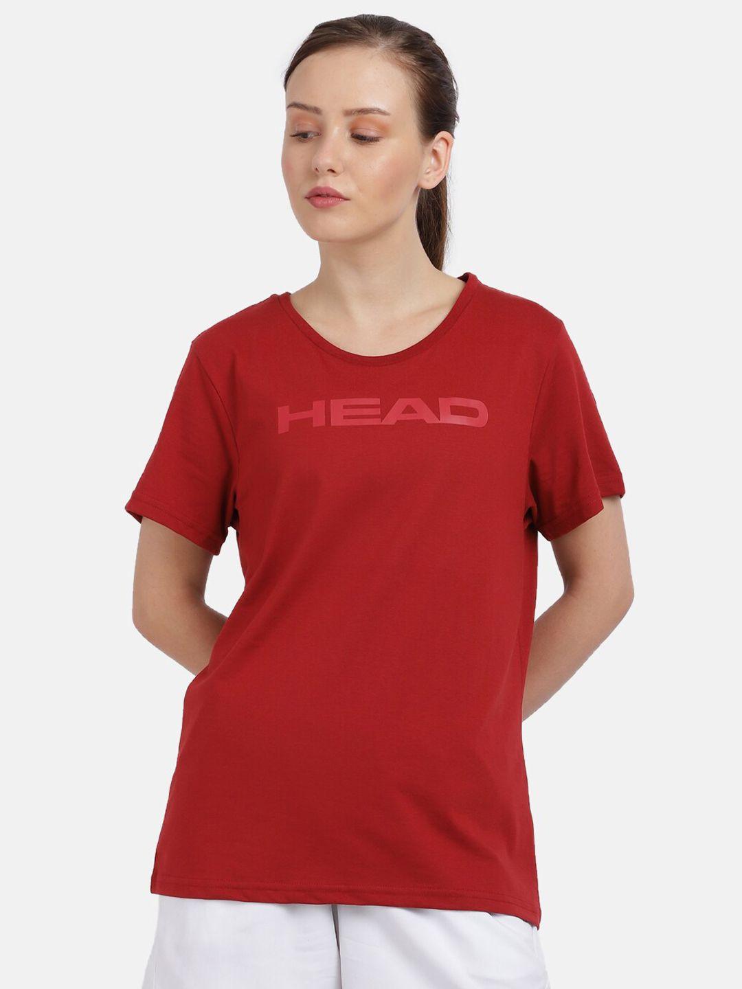 head women red typography applique slim fit outdoor t-shirt