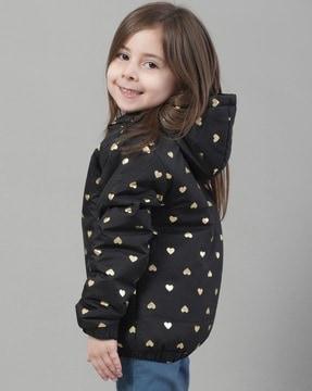 heart print hooded jacket with full sleeves