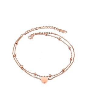 heart charms beads linked double strand rose gold plated anklet