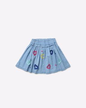 heart embroidered denim flared skirt