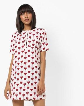 heart print a-line dress with patch pocket