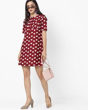 heart print a-line dress with patch pocket