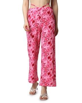 heart print flat front trousers with elasticated waistband