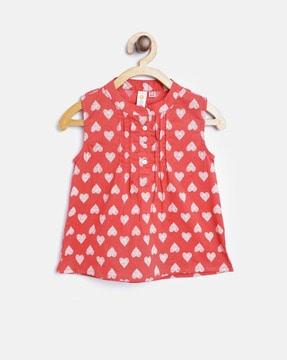 heart print sleeveless tunic with band collar