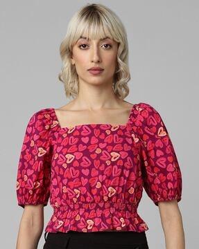 heart print square-neck crop top