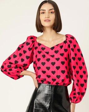 heart print top with bishop sleeves