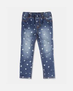 heart print washed jeans