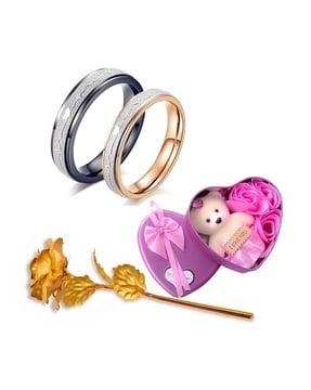 heartbeat adjustable couple rings with rose & teddy bear