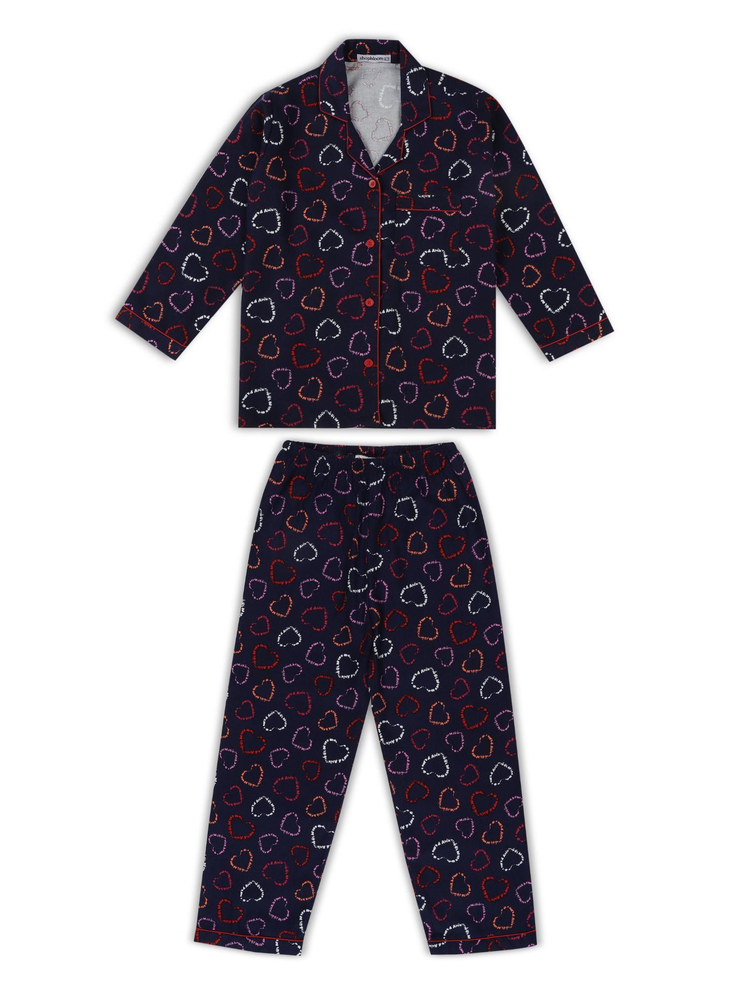 hearts print cotton flannel long sleeve kids night suit (set of 2)