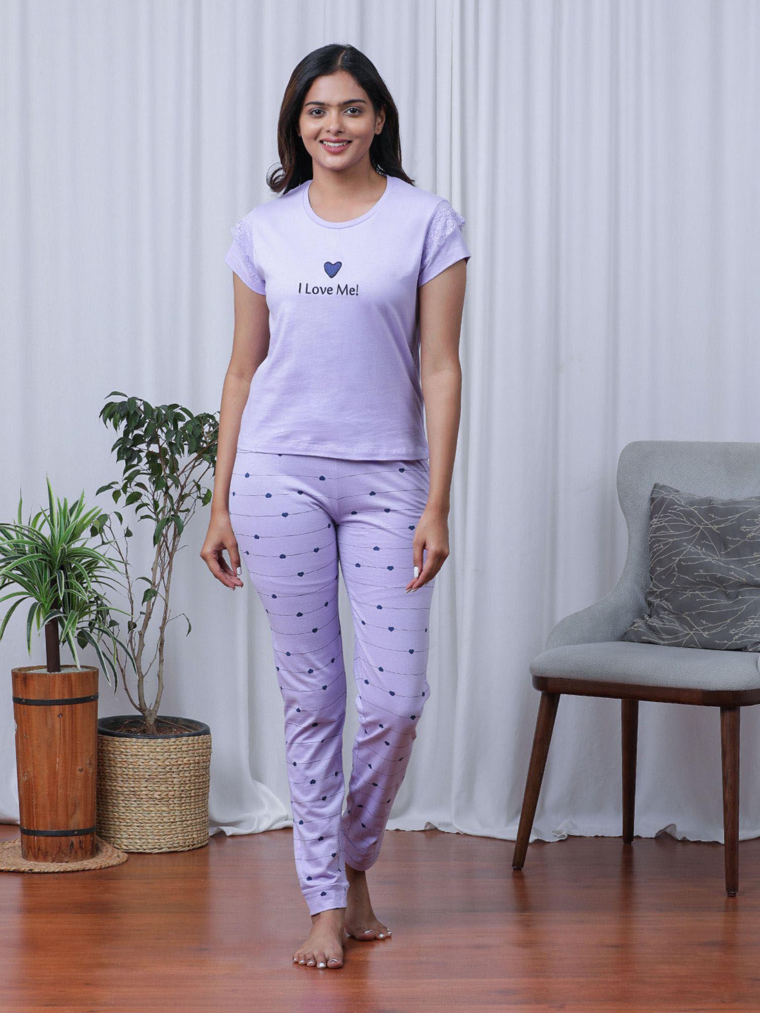 hearts print lavender t-shirt with pyjama (set of 2)