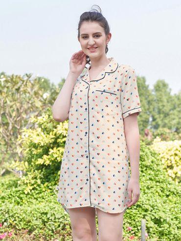 heartsy liva rayon twill collared nightwear sleepshirt-beige