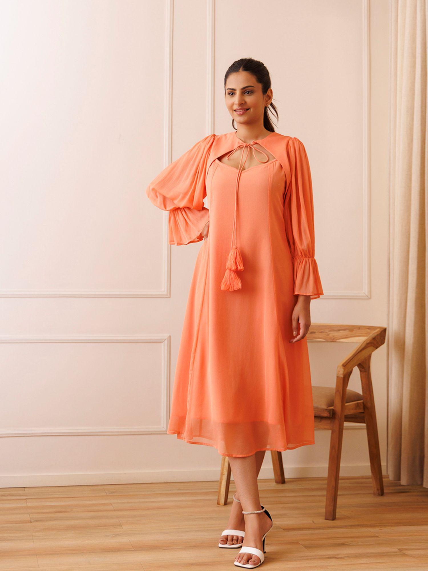 heather peach orange chiffon midi dress