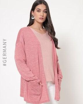 heathered front-open cardigan with patch pockets