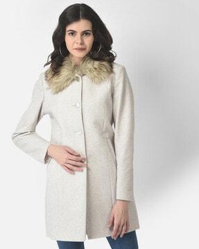 heathered trench coat with flux-fur collar