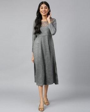 heathered a-line dress with zari embroidery