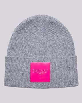 heathered beanie with brand patch