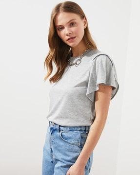 heathered crew-neck slim t-shirt with butterfly sleeves