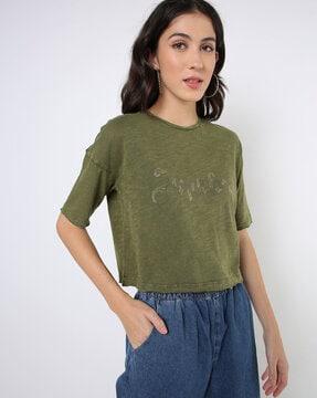 heathered cropped crew-neck t-shirt with typography