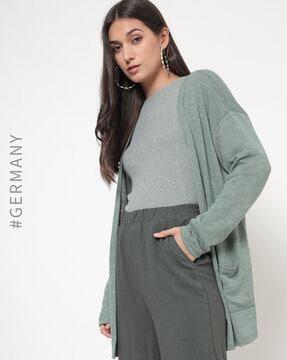 heathered front-open cardigan with patch pockets