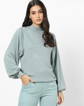 heathered high-neck pullover with bishop sleeves