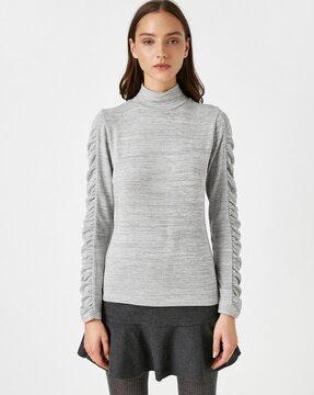 heathered high-neck pullover with ruched sleeves