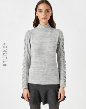 heathered high-neck pullover with ruched sleeves