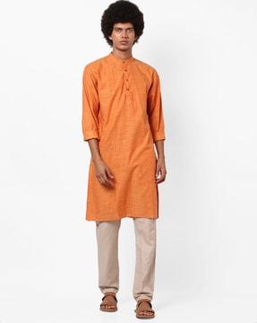 heathered kurta with band collar