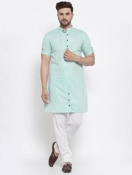 heathered long kurta with band collar