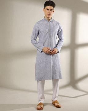 heathered long kurta with band collar