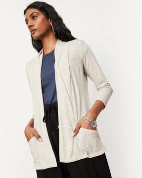 heathered open-front shrug with patch pockets