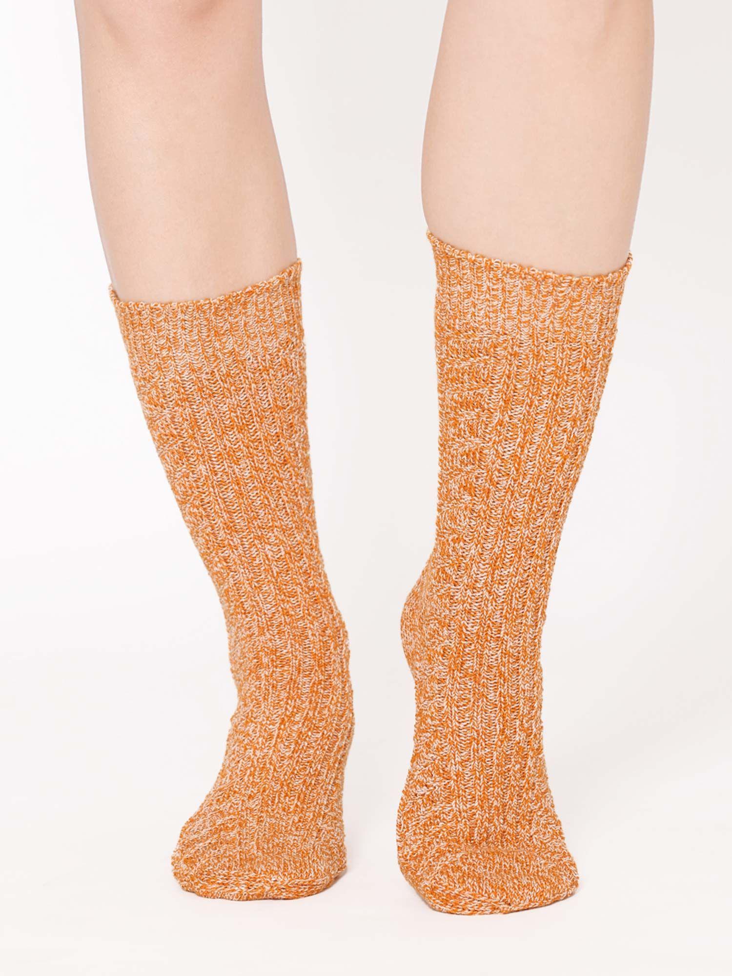 heathered orange fine knitted calf length winter woolen socks