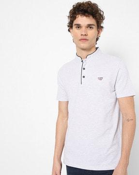 heathered polo t-shirt with band collar