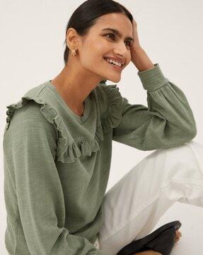 heathered round-neck sweatshirt with ruffles