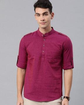 heathered short kurta with patch pocket