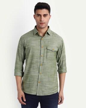 heathered slim fit khadi shirt with flap pocket