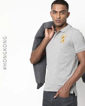 heathered slim fit polo t-shirt with applique