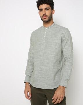 heathered slim fit shirt kurta with mandarin collar