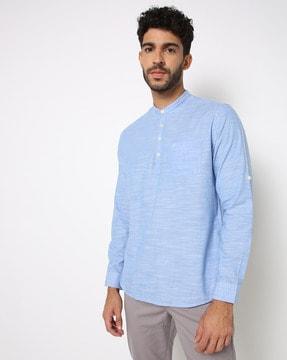 heathered slim fit shirt kurta with mandarin collar