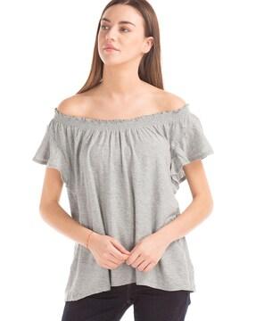 heathered smocked off-shoulder top with ruffled sleeves