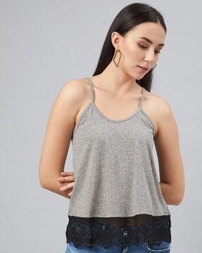 heathered strappy top with lace hem