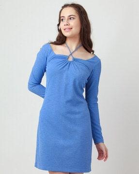 heathered tie-up neck bodycon dress