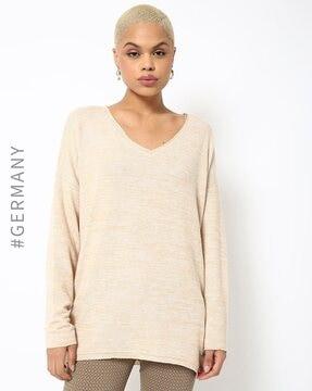 heathered v-neck pullover with drop shoulder sleeves