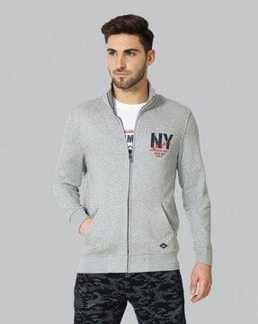 heathered zip-front jacket with split kangaroo pockets