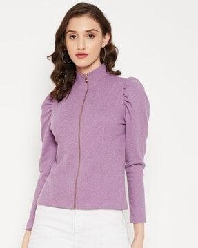 heathered zip-front top with puff sleeves