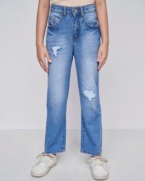 heavily washed distressed straight jeans
