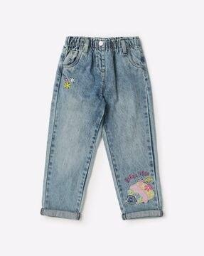 heavily washed slim fit jeans with floral embroidery