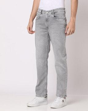 heavily washed straight fit jeans