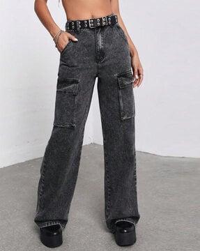 heavily washed baggy wide jeans