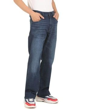 heavily washed bootcut relaxed jeans